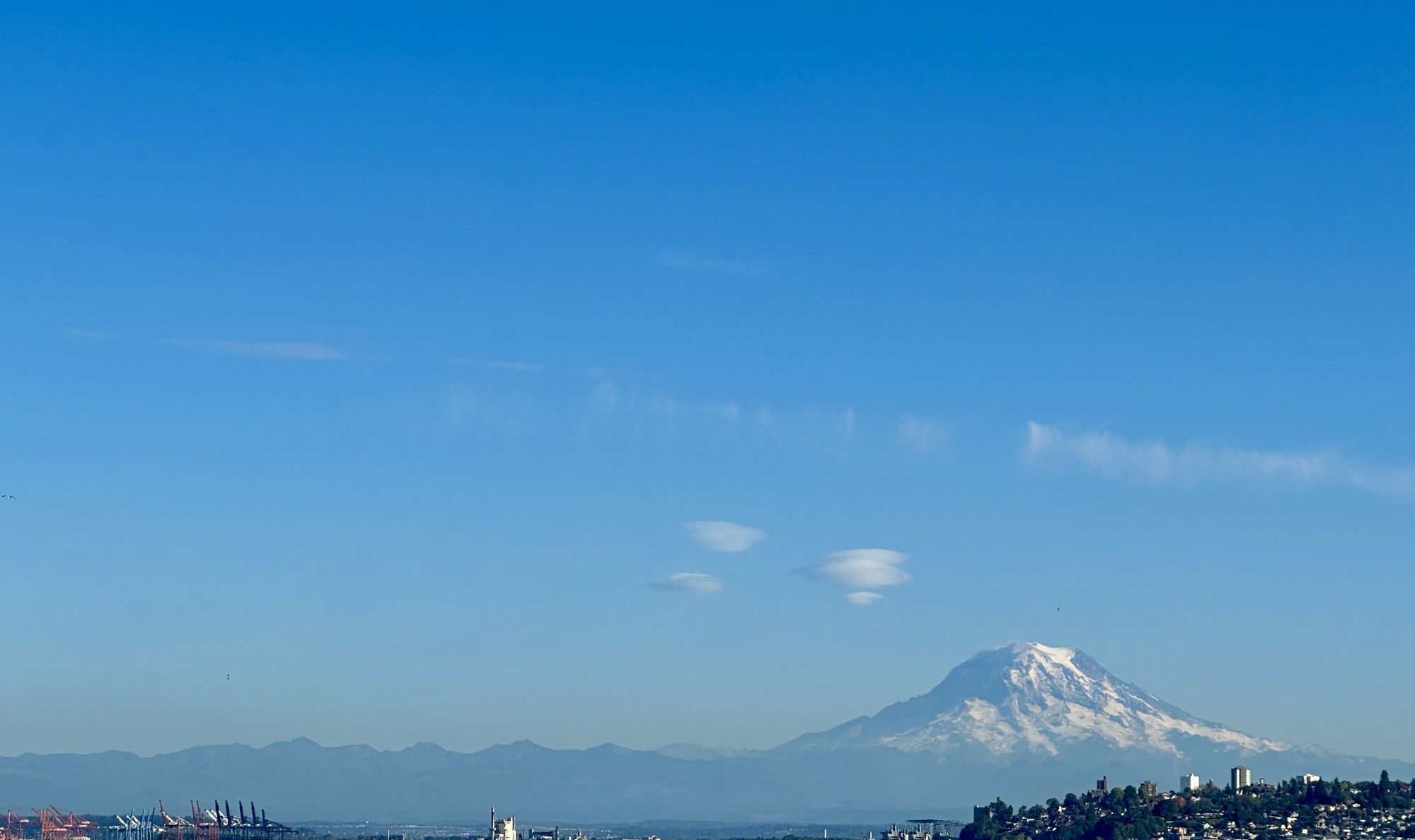Mount Rainier across Puget Sound, seen from the Seattle waterfront.